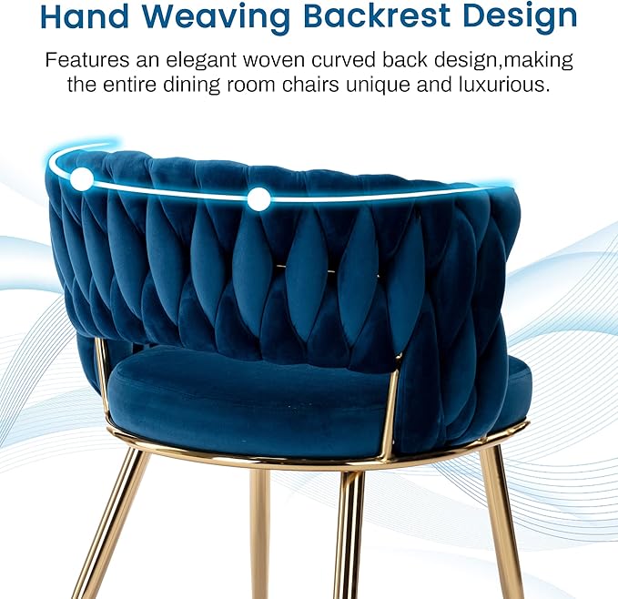 KCC Modern Velvet Dining Chairs Set of 4, Back and Golden Metal Legs, Mid-Century Accent Side Chair for Living Room, Dining Room, Kitchen, Blue