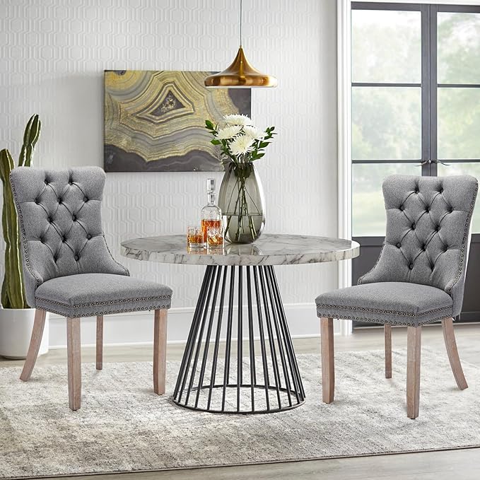 Linen Upholstered Dining Chairs Set of 2, Modern Style Kitchen Side Chairs with Nailhead Trim and Wood Leg, Metal Pulling Ring for Dining Room Living Room(Smoky Gray,Set of 2)