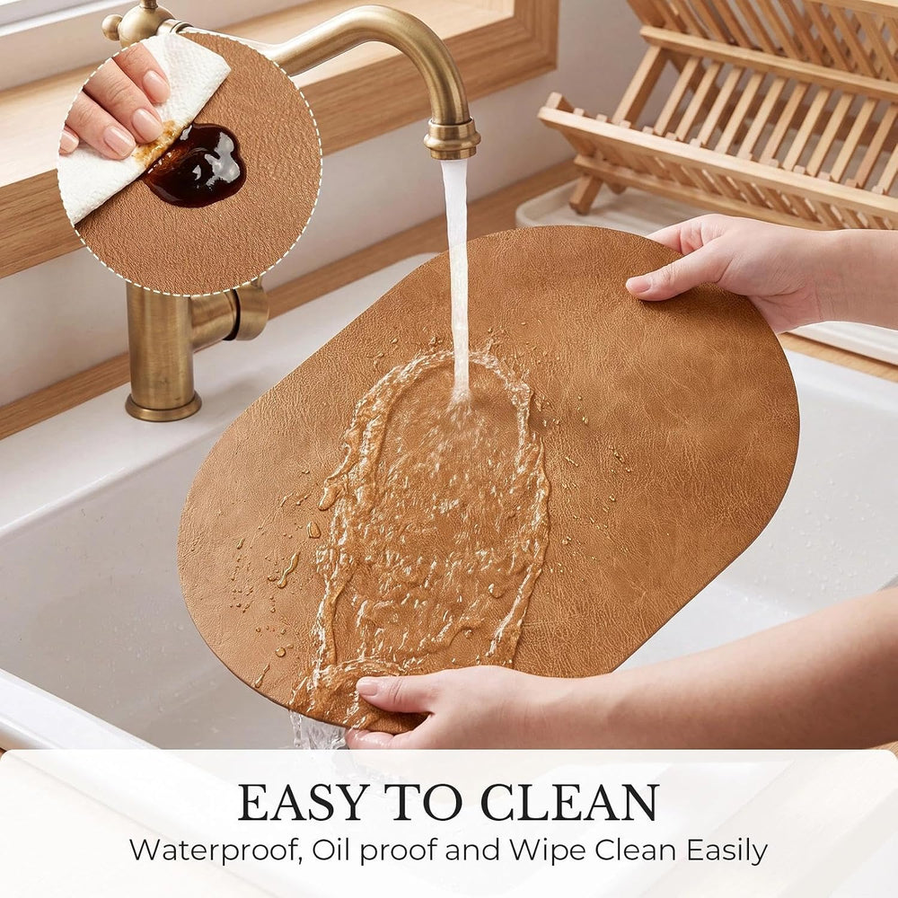MOSAYT Vinyl Faux Leather Oval Placemats, Set of 8, Reddish Brown