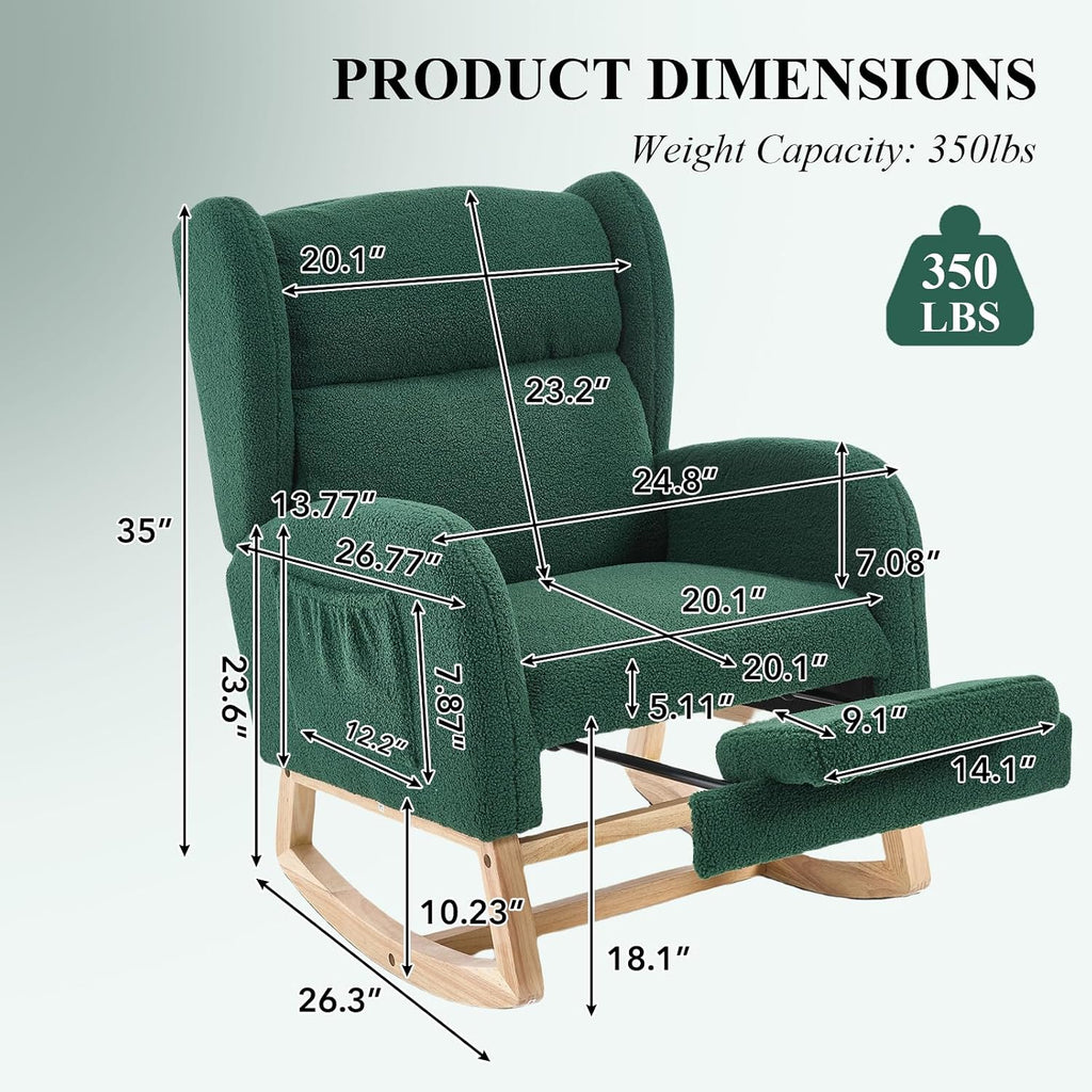 NIOIIKIT Nursery Rocking Chair with Footrest, Teddy Upholstered Glider Chair, Rocker Nursery Chair with Side Pocket, Glider Rocker, Accent Reading Chair for Living Room (Green)