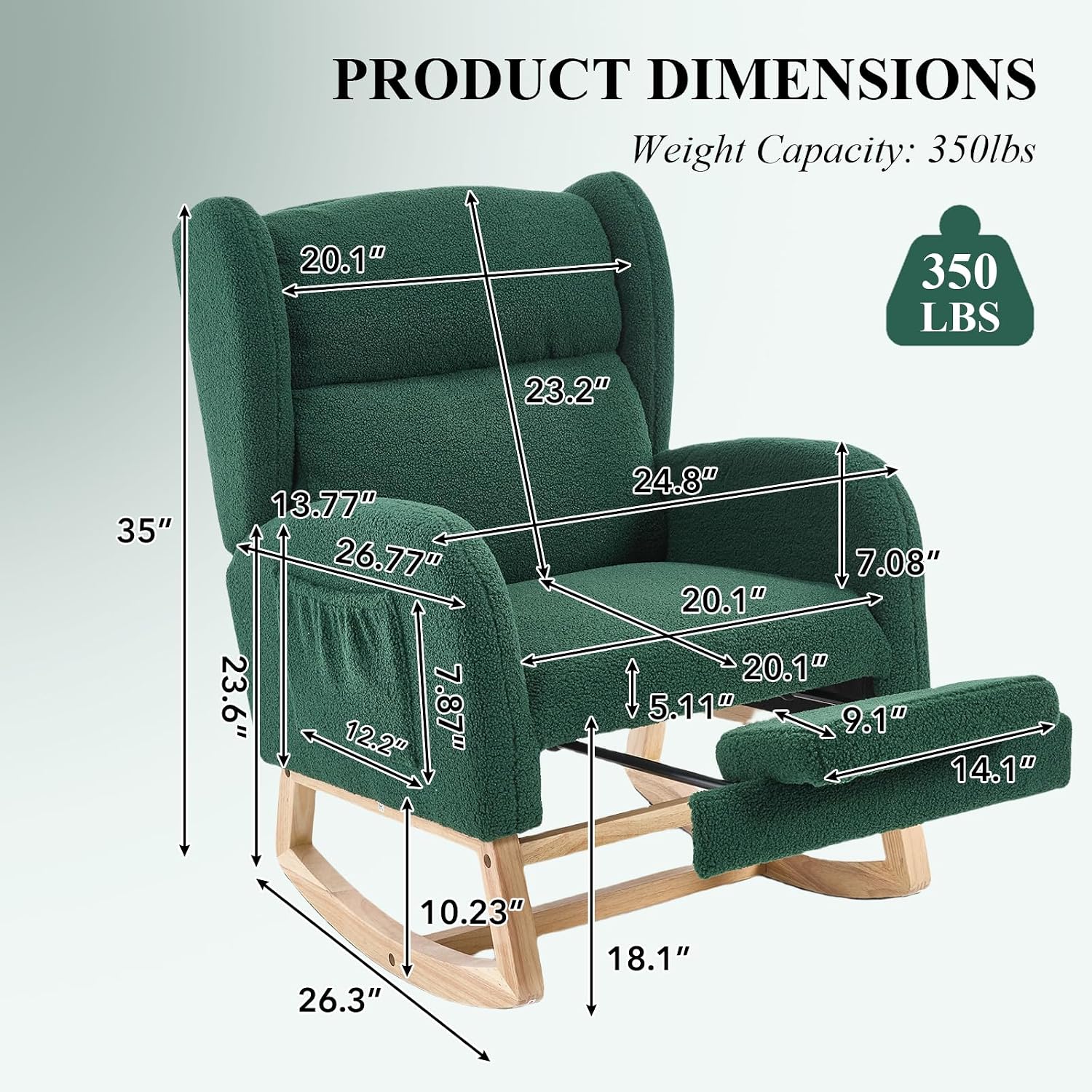 NIOIIKIT Nursery Rocking Chair with Footrest, Teddy Upholstered Glider Chair, Rocker Nursery Chair with Side Pocket, Glider Rocker, Accent Reading Chair for Living Room (Green)
