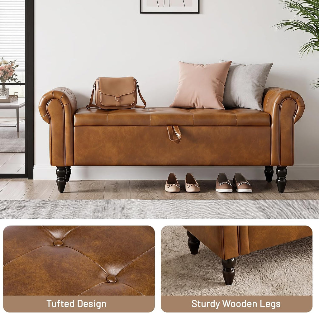 Furniliving 55” End of Bed Bench, Bedroom Bench with Button-Tufted, Large Upholstered Storage Ottoman Entryway Bench with Storage Shoe Cabinet Bench, for Bedroom, PU, YellowBrown
