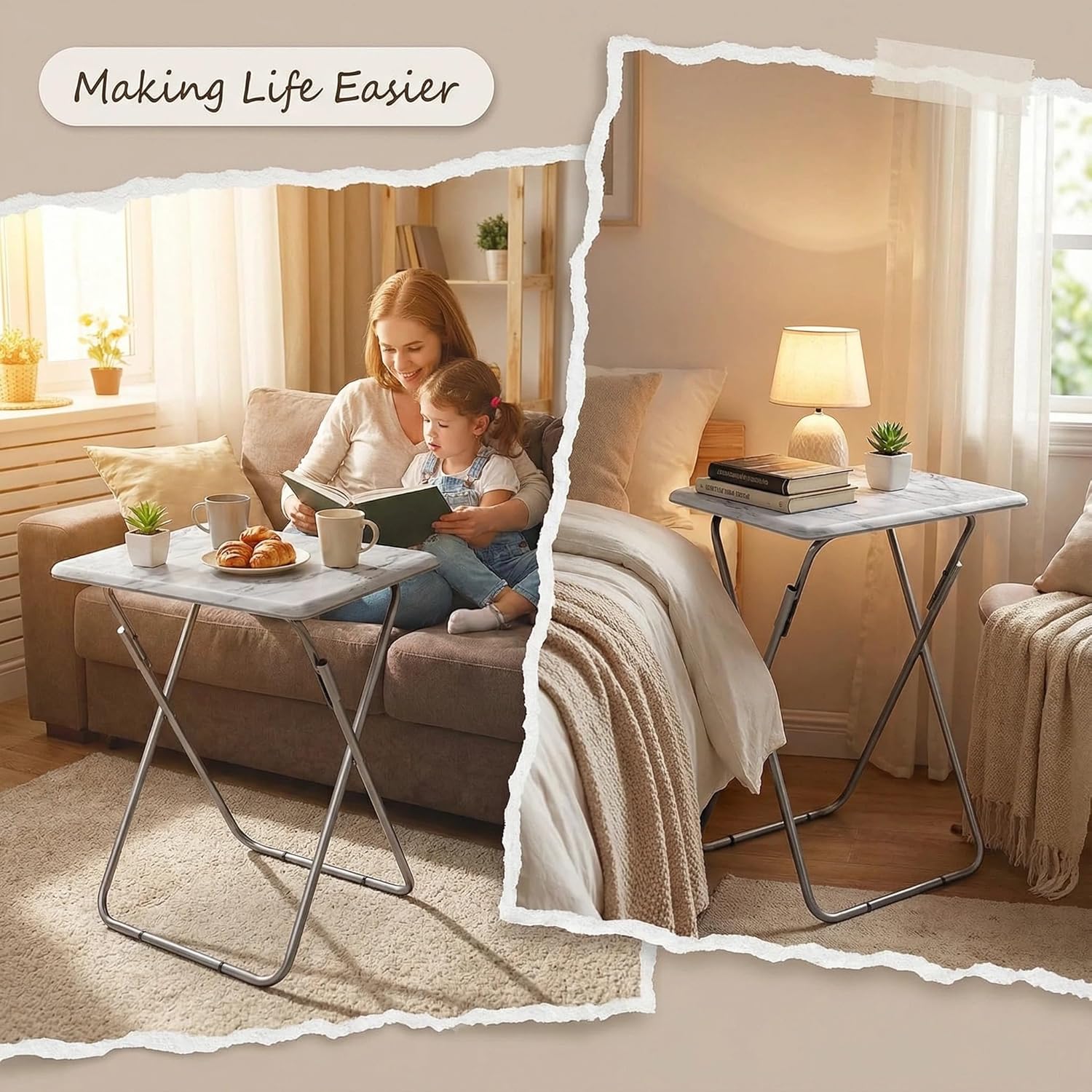 Tv Trays Folding Tv Table, Dinner Table for Eating with Sturdy Metal Frame, Small Foldable Snack Trays Table for Living Room, Couch,Sofa, Bed, No Assembly Required (White Marble)