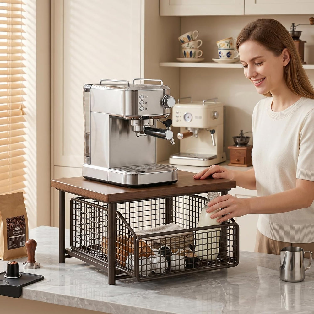 14.6x9.8x7.1 Inch Sturdy Metal Coffee Station Organizer with Drawer & Woo...