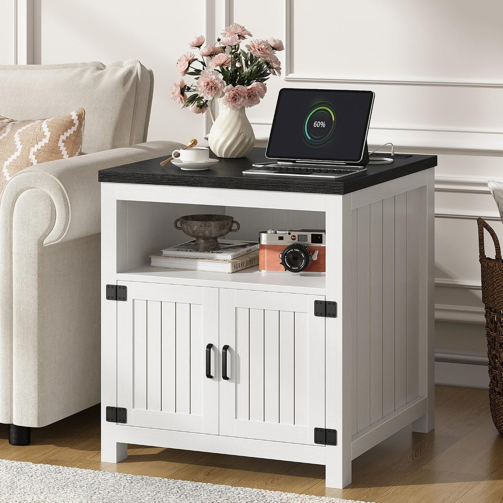 Farmhouse End Table with Charging Station, 24" Large Side Table with Ope...