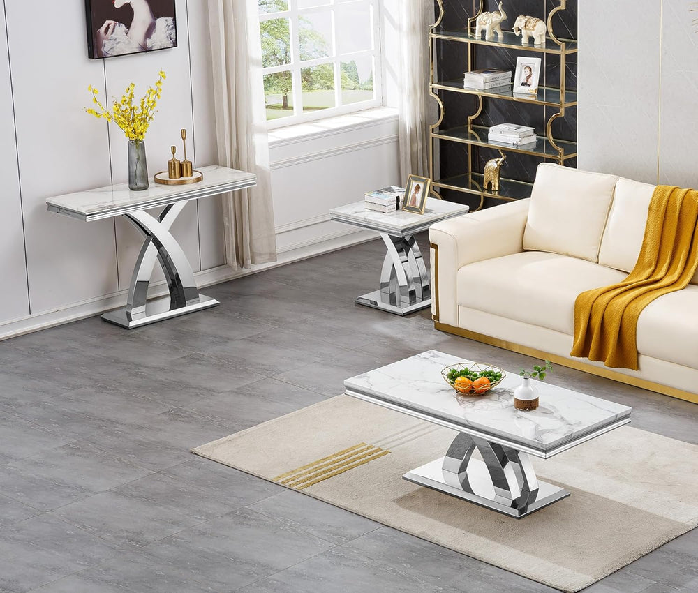 Marble End Table Modern Square Silver Living Room Table Sofa Side Table with ...