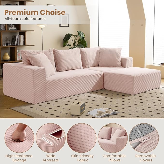 108" L-Shaped Boneless Couch, Modular Sectional Sofa with Moveable Ottoman, Corduroy Cloud Couches for Living Room, No Assembly, Ship in a Box, Pink