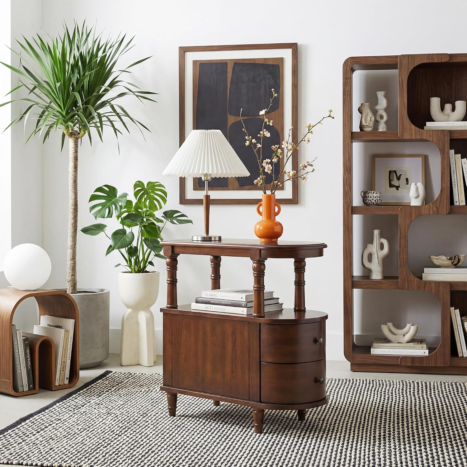 Wood End Table with 2 Drawers and Storage Shelf, Narrow Sofa Side Table for Living Room, Vintage Slim Nightstand Bedside Table for Bedroom, Slim Chair Side Table Cherry Walnut BG-A508-CY