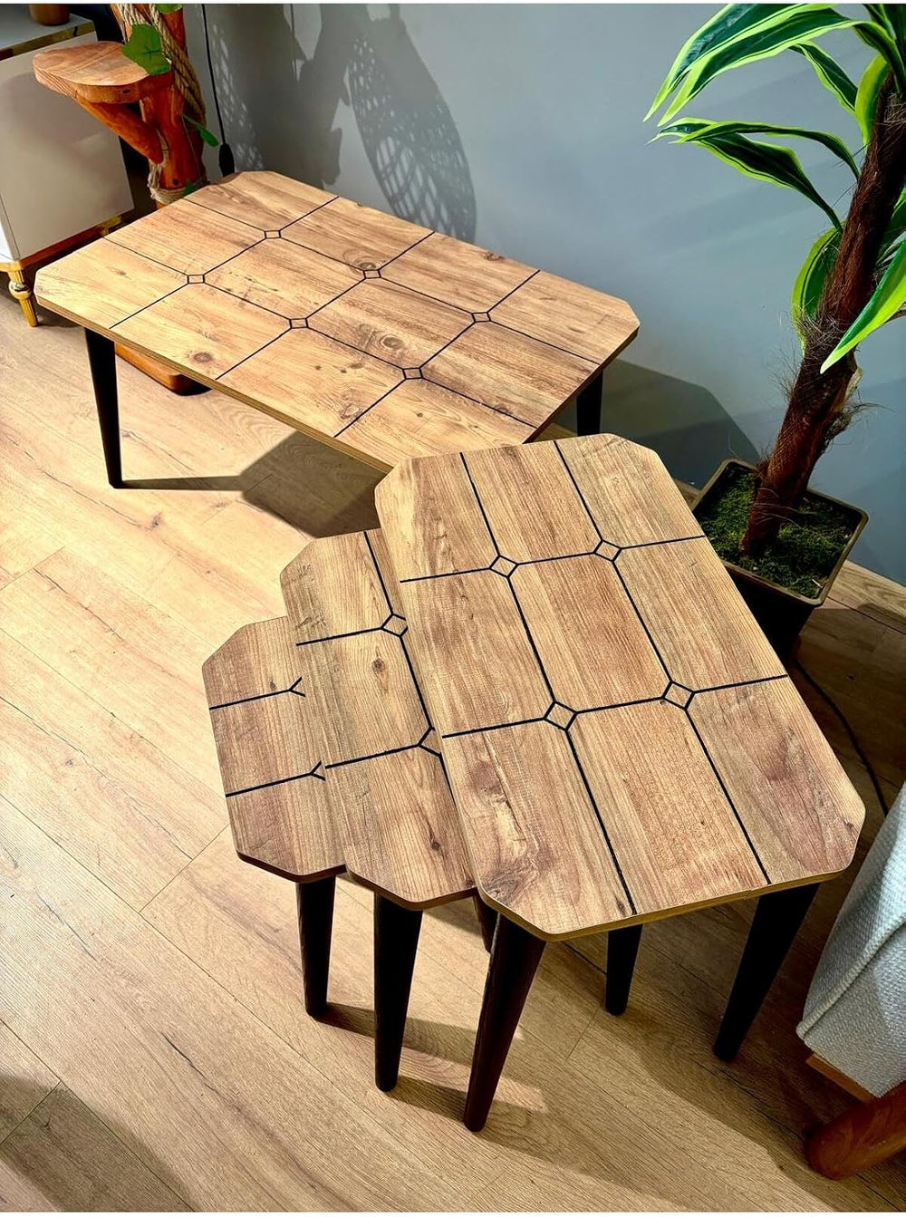 SODEF 3-Piece Nesting Side Table Set & Coffee Table Set, Wood Finish, Geo...