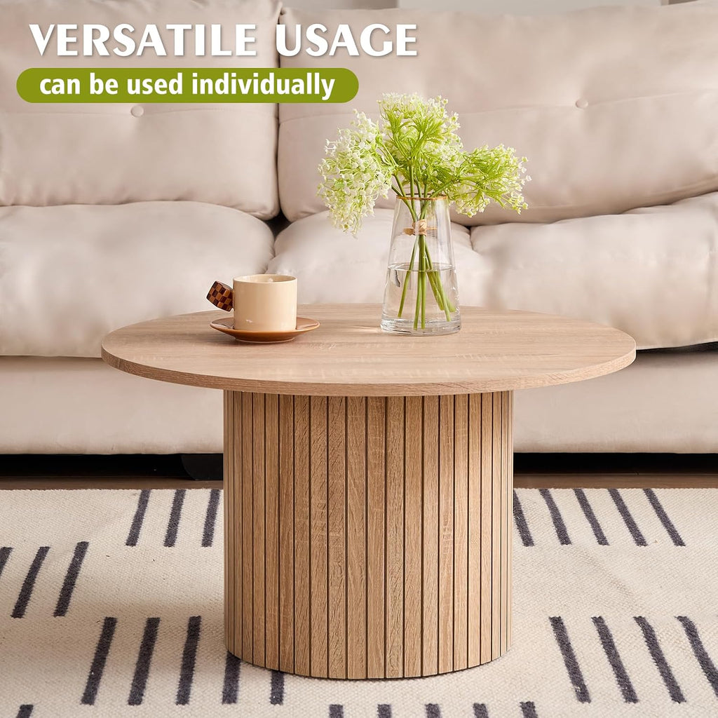 Round Nesting Coffee Table Set of 2, Modern Fluted Wood Side Tables for Small Spaces, Living Room, Bedroom, Balcony, or Office(Natural)