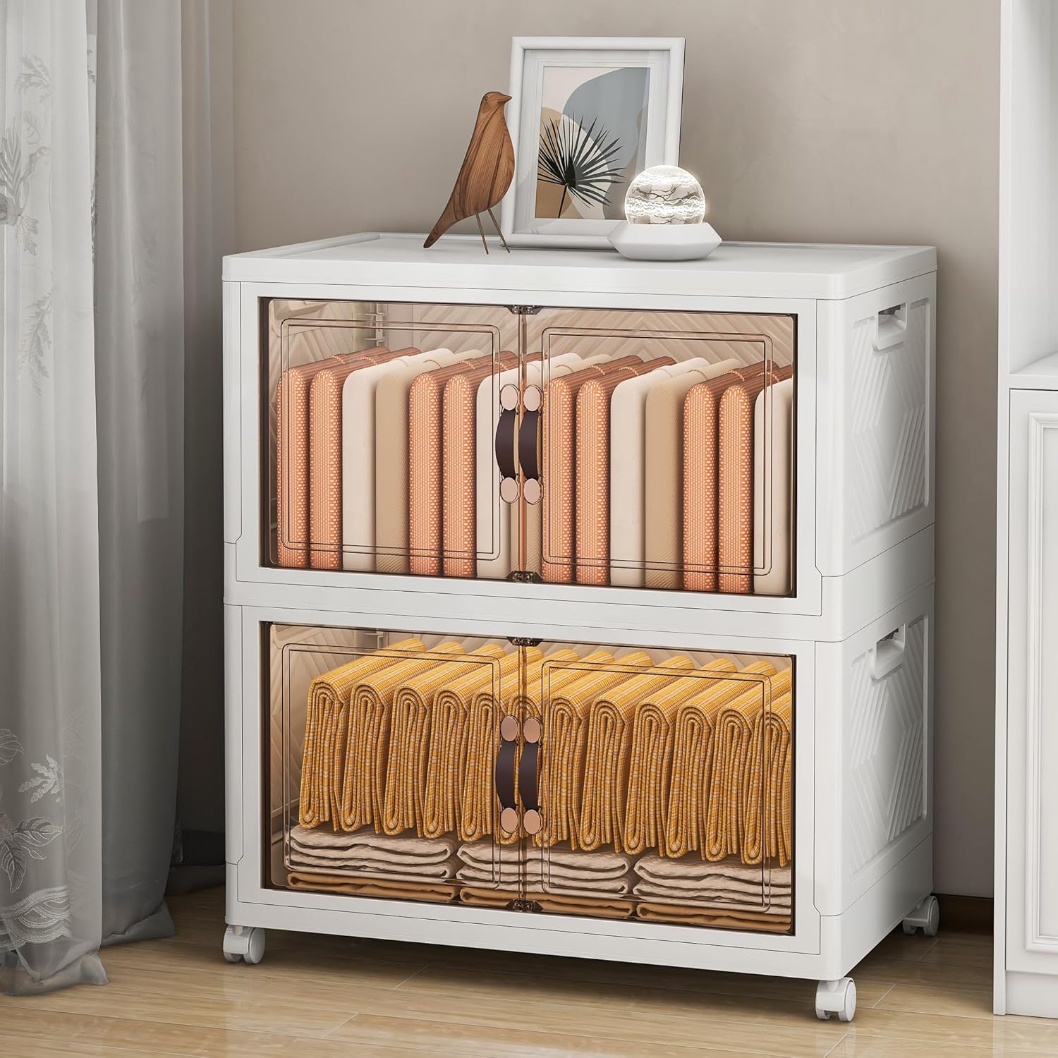 Storage Bins with Lids and Wheels, Collapsible Bathroom Storage Cabinet with Clear Doors, Plastic Stackable Closet Organizers and Storage Containers White 199 QT