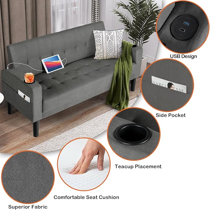 AILEEKISS 2 Piece Living Room Sofa Set 56" W Loveseat Sofas with 2 USB and Removable Armrests, Modern Fabric, 2 Pcs Sectional Couches Set for Apartment, Small Space, Dark Grey