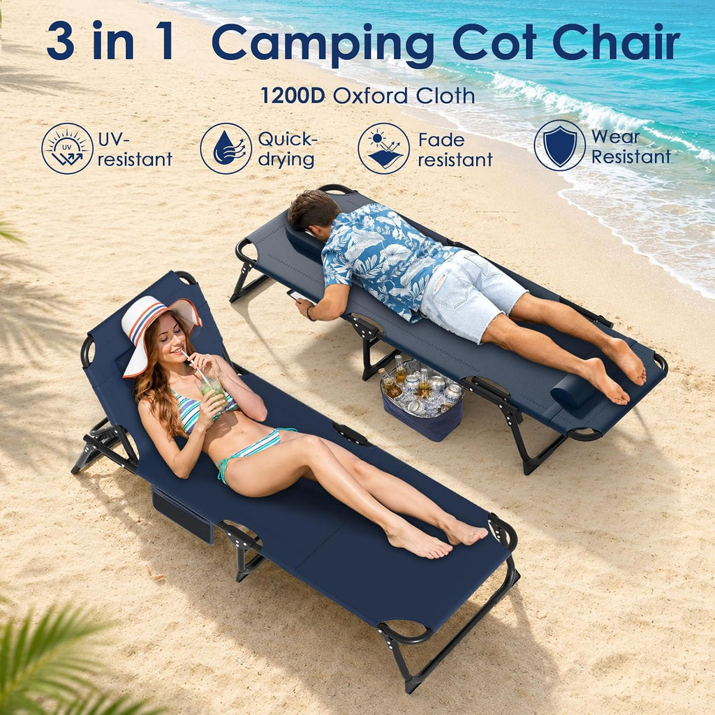 Suteck Tanning Chair with Face Hole, Folding Beach Lounge Chairs, Blue | Adjustable 5-Position Reclining Chaise, Removable Cushion & Pillow, Cooler Bag, 500Lbs Heavy-Duty for Outdoor Camping& Home