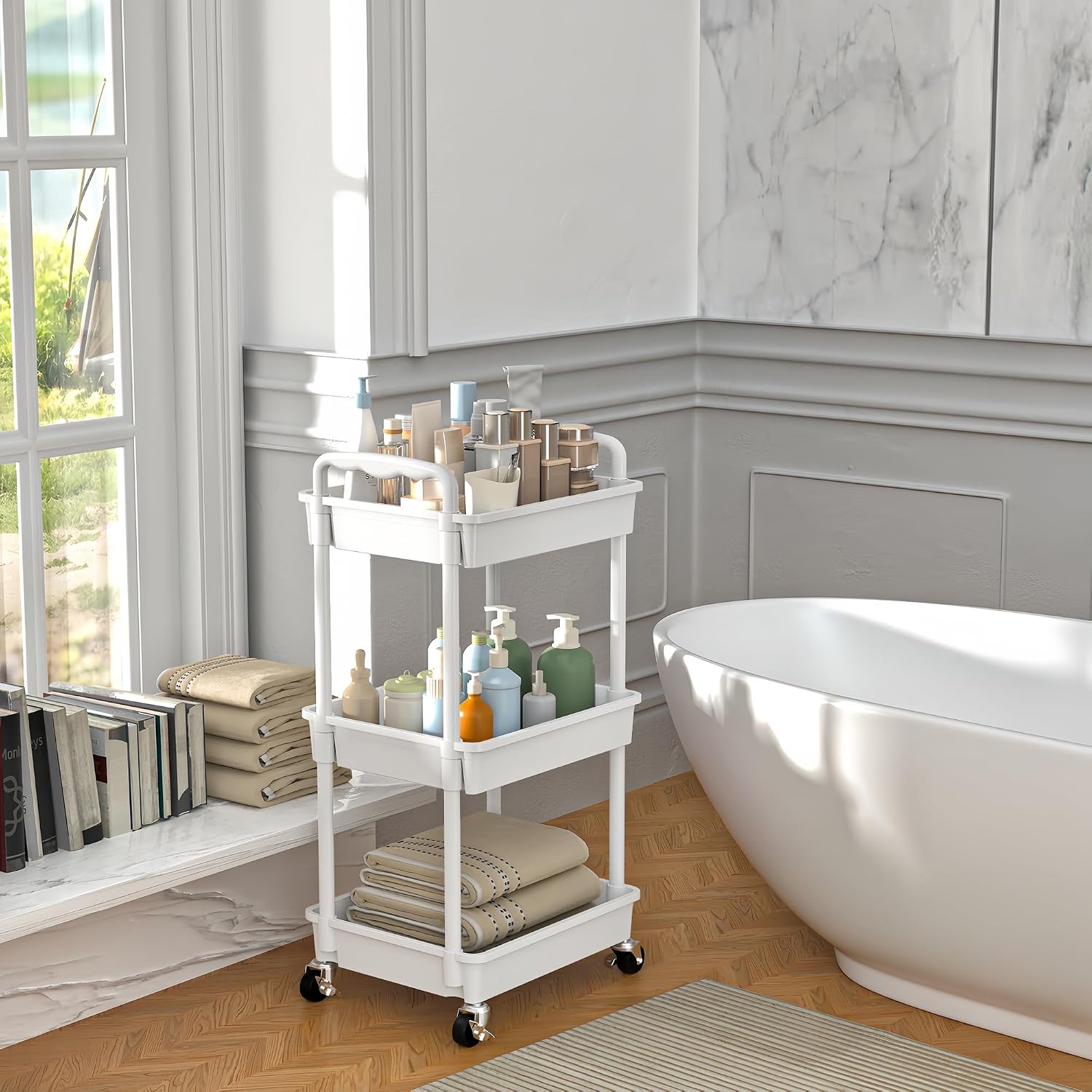 SUNALLY 3-Tier Rolling Cart with 2 Lockable Wheels, Multifunctional Storage Organizer for Bathroom, Kitchen, Office, Craft, Makeup, Baby Essentials, White