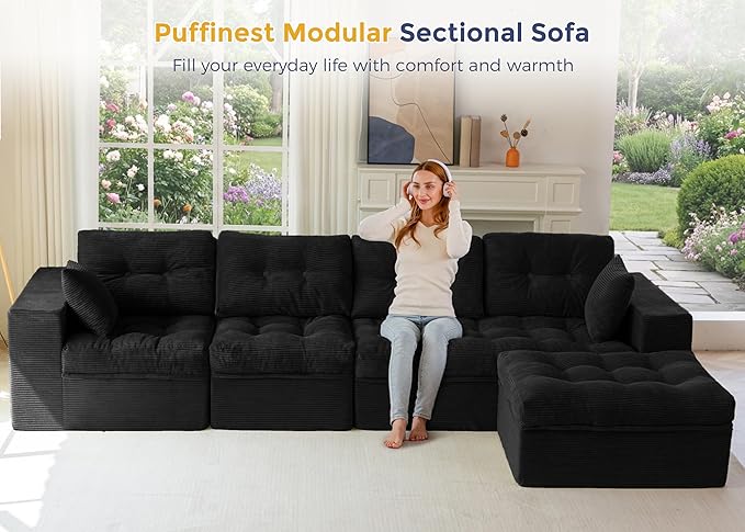 MAXYOYO 132" L Shaped Modular Sectional Sofa with Ottoman, Cloud Boneless Couch with Layered Cushion, Upholstered Sofa in a Box, Flexible Module Combination for Living Room, No Assembly, Black