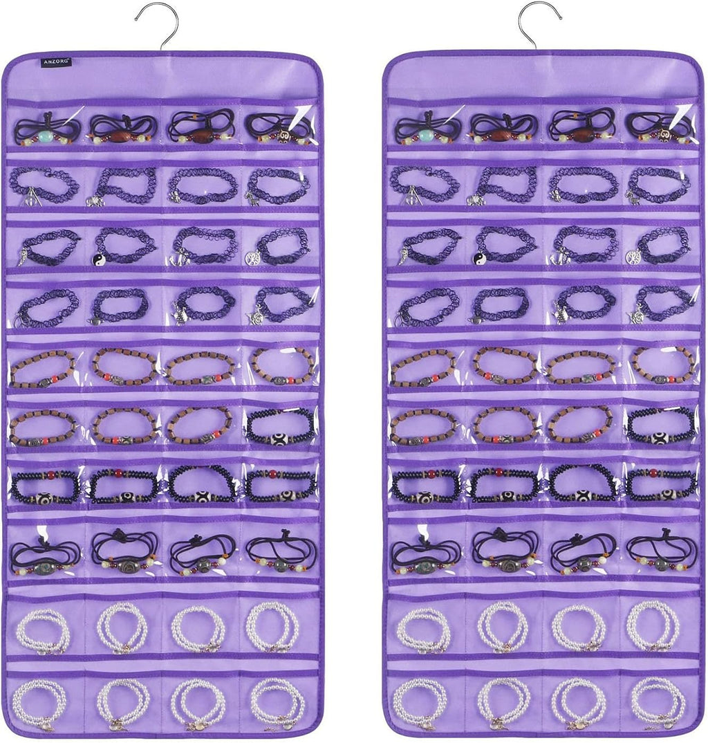 80 Pockets Hanging Jewelry Organizer for Holding Jewelries Dual-Sided Accessory Display Holder for Earrings Bracelets Rings (80 Pockets-Purple)