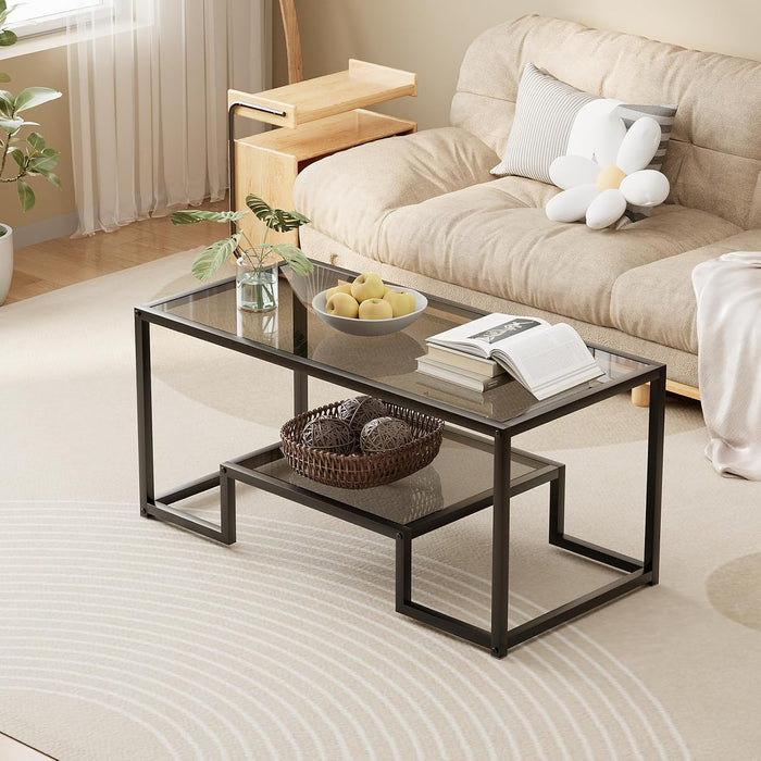 Wolawu Glass Coffee Table 2 Tiers Grey Glass Coffee Tables for Living Room