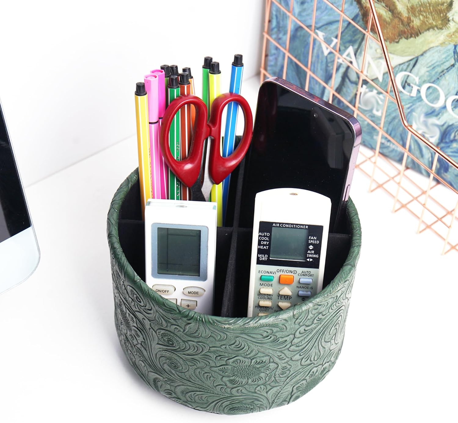 lizimandu Round Leather Art Supply Organizer,Remote Control Holder,360 Degree Spinning,Multi-Functional Pencil Holder,4 Compartments Desktop Stationary Organizer(1-Carved Cooper Green)