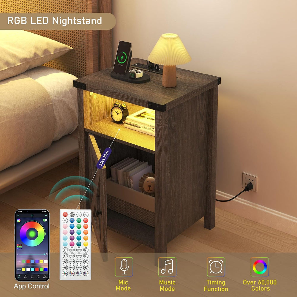 Hlivelood Farmhouse LED Nightstand Set of 2 with Charging Station, Rustic End...