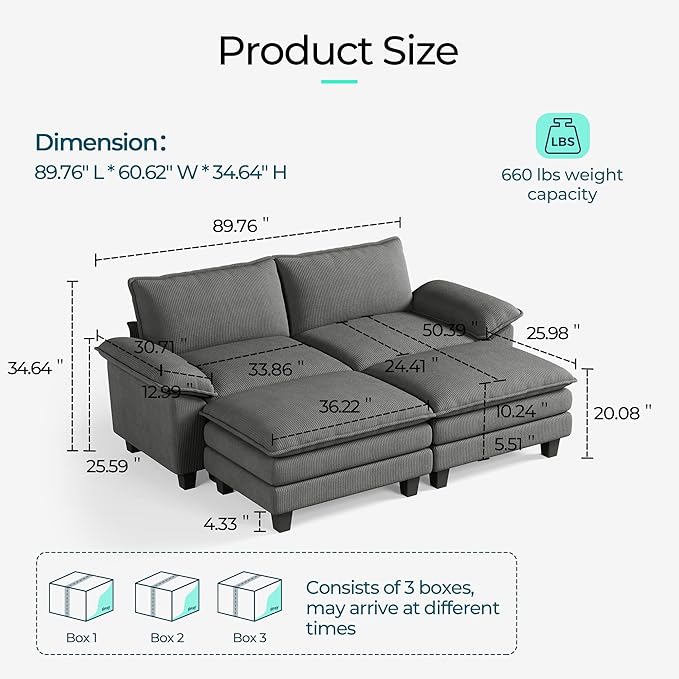 LINSY HOME Modular Sectional Sofa - 90 Inch Oversized Corduroy Cloud Couch with Movable Ottoman Soft Modern Comfy Sofa Set for Living Room Apartment Office, Grey