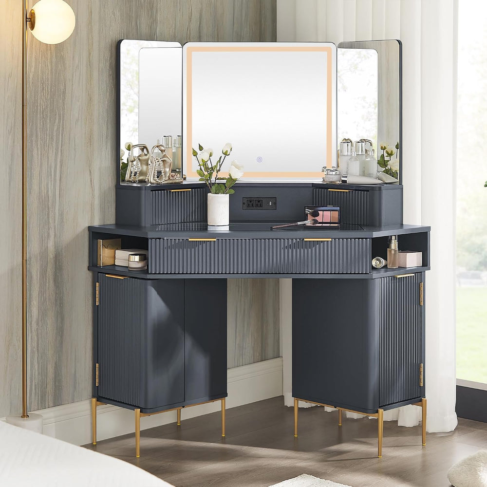 T4TREAM 48" Corner Makeup Vanity with Lighted Triple Mirror, Dark Grey