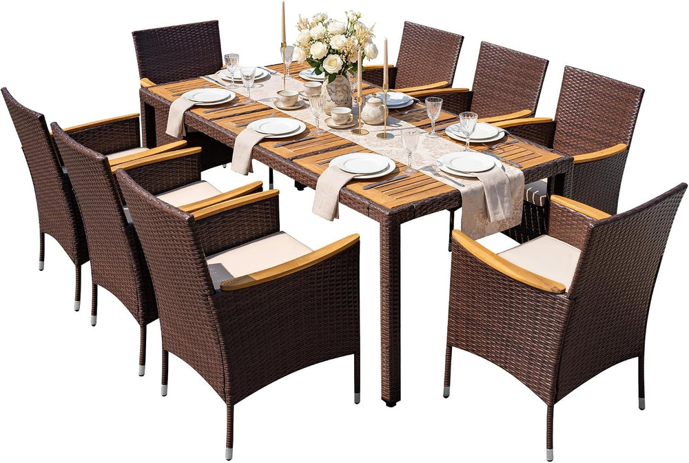 Greesum 9 Pieces Patio Dining Set Acacia Wood Dining Set for 8 (Brown)