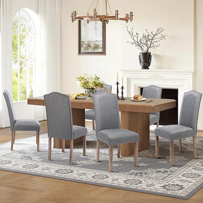 Upholstered Dining Chair Modern Stylish Parsons Kitchen Diner High Back with Silver Nailhead Trim & Wood Legs, Set of 4, Fabric Classic Grey
