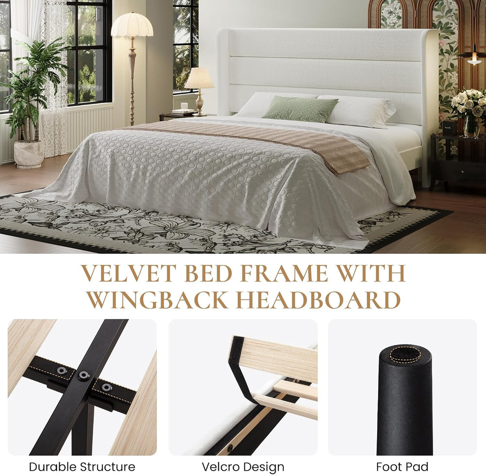SHA CERLIN Queen Size Velvet Bed Frame with Wingback Headboard/Upholstered Pl...