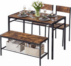 VECELO Kitchen Dining Room Table with 2 Chairs & Bench, Compact Space-Saving Design, Easy Assembly Steel Frame, Perfect for Small Apartments & Breakfast Nooks，Dark Brown