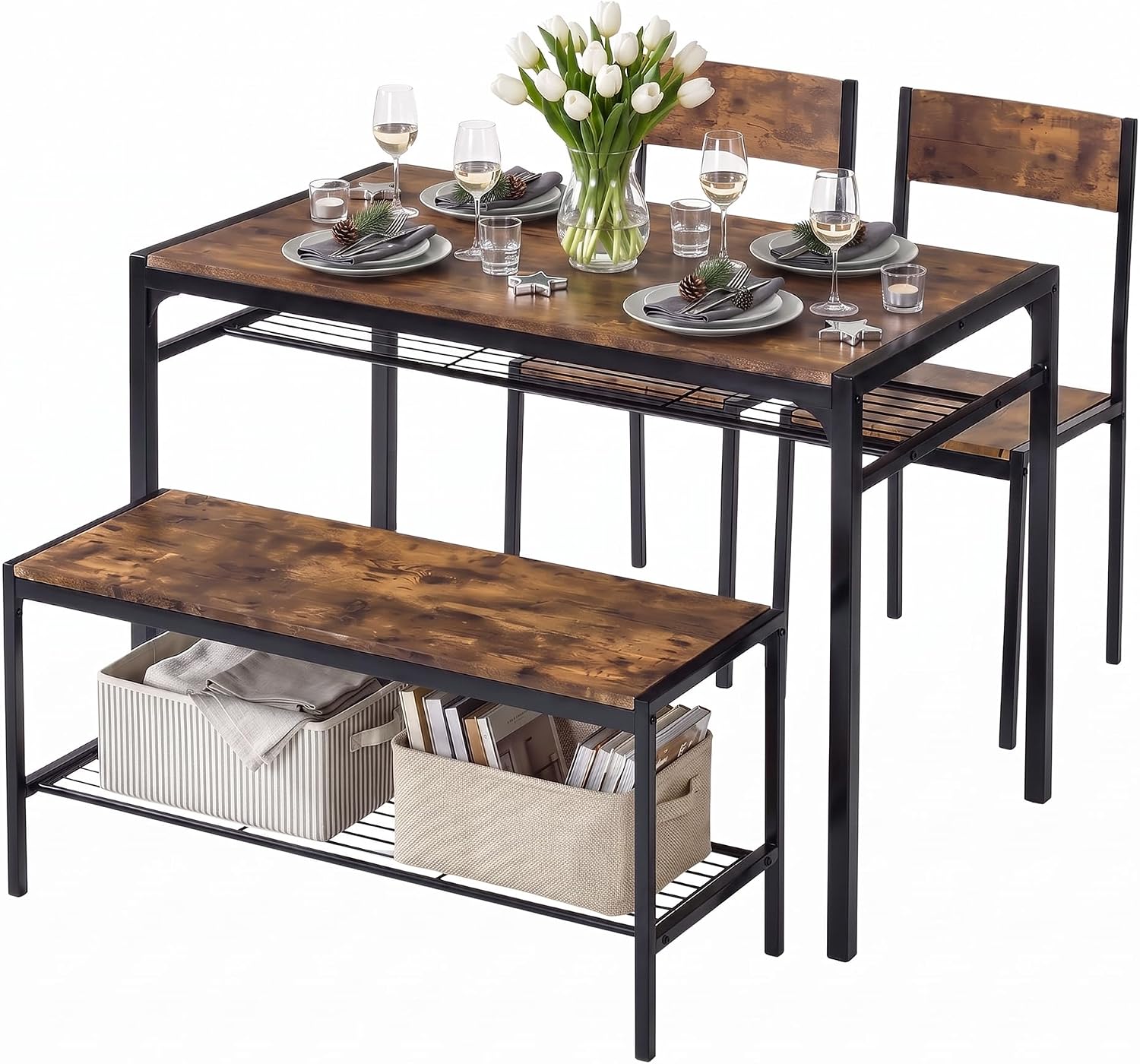 VECELO Kitchen Dining Room Table with 2 Chairs & Bench, Compact Space-Saving Design, Easy Assembly Steel Frame, Perfect for Small Apartments & Breakfast Nooks，Dark Brown