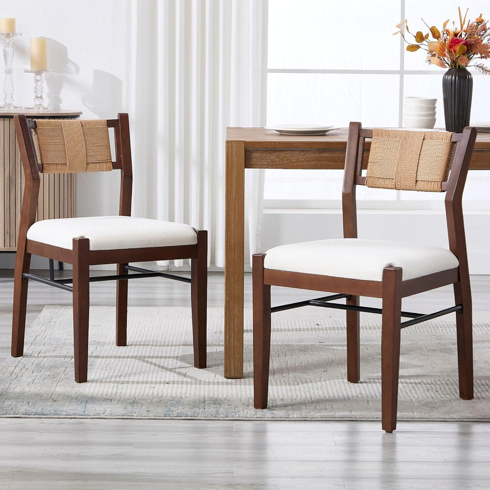 BESTANO Modern Armless Dining Chairs with Rope Woven Back Set of 2, White Uph...