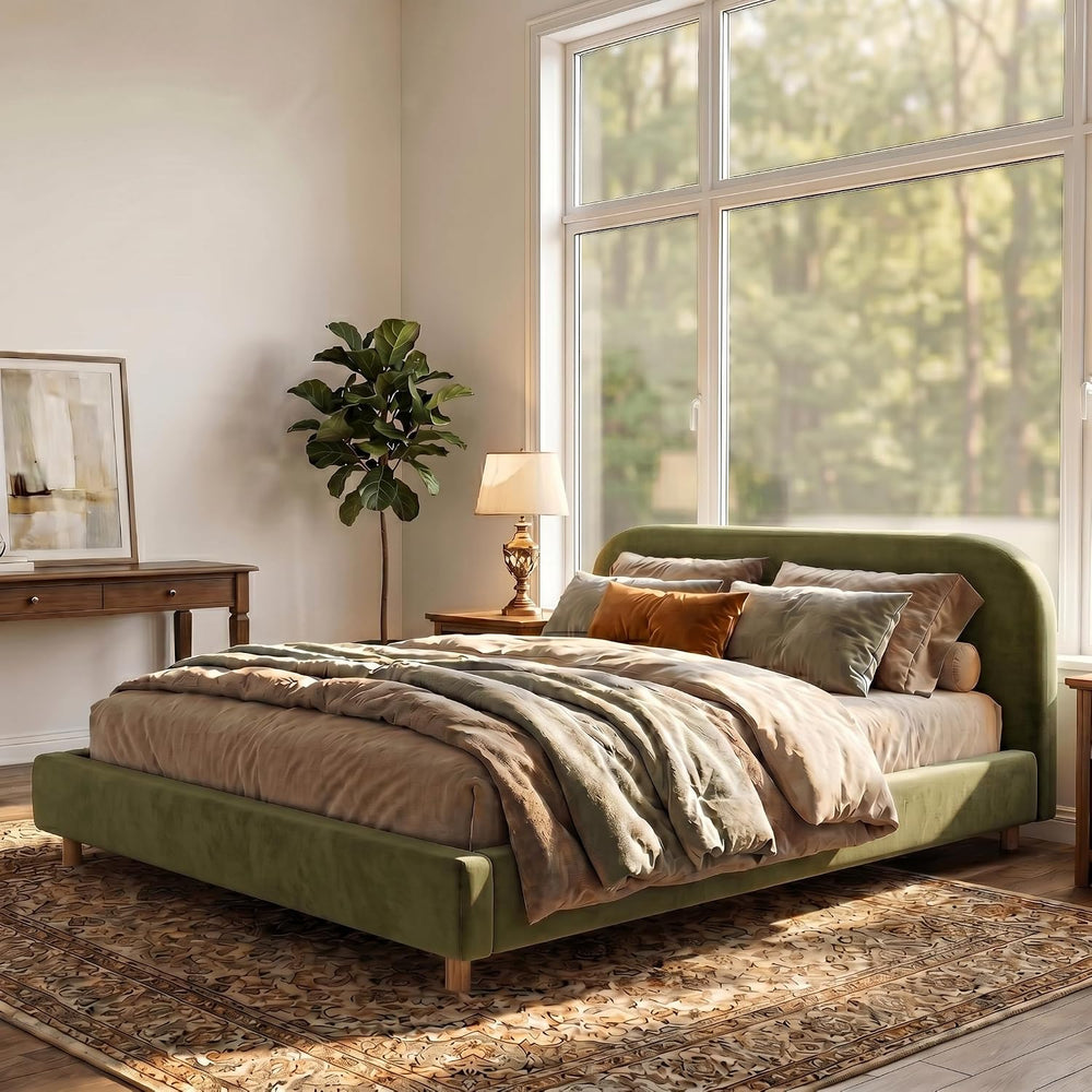 Virubi California King Size Upholstered Bed Frame with Curve Shaped Headboard...