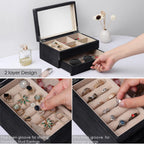 Meangood Jewelry Box Organizer for Women, 2 Layer Large Jewelry Storage Case, Rustic Wooden Jewelry Box with Mirror & Ring Tray for Necklace Earring Bracelets Rings, Vintage Style (Black)