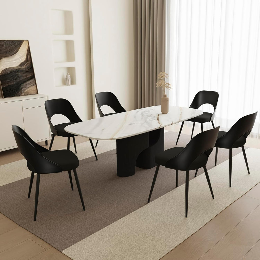 HENGJIANYI Modern Dining Chairs Set of 2, Armless Kitchen Chairs with Hollowed-Out Plastic Back, Upholstered Dining Room Chair with Metal Legs, Black