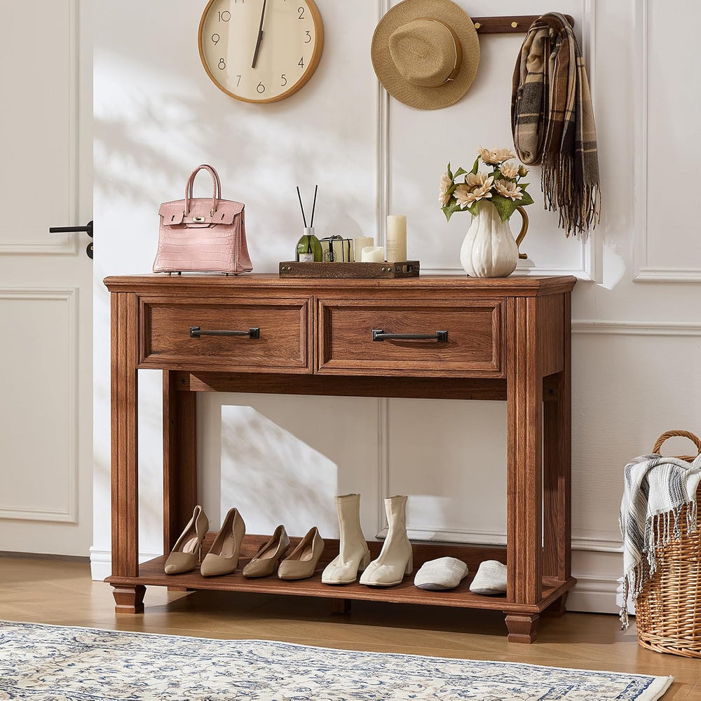 SAVOR LIFE 46" Farmhouse Console Table with Drawers, Brown Entryway Tabl...