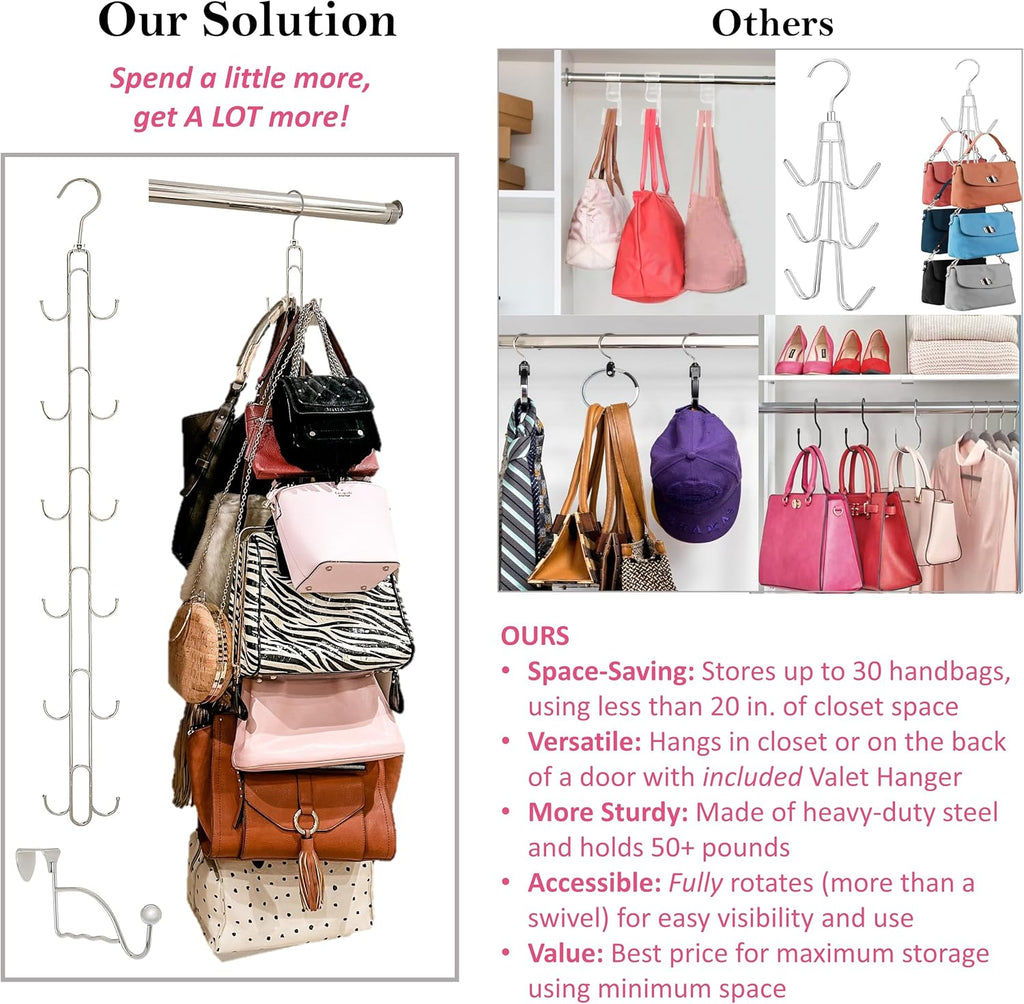 Over Door and Closet Purse Hanger Organizer- 12++ Max Purse Storage, Bag Holder Rotates 360, Quality Heavy Duty Chrome Holds 50lbs; Purses, Handbags, Totes, Crossbody, Backpacks, Fanny, Belt Bags