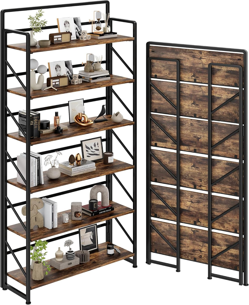 JSB Folding Bookshelf,Industrial Storage Shelves, No Assembly Vintage Wood Look Bookshelf with Storage Shelves for Living Room, Bedroom, Office (Fire Brown, Wide 6-Tier)