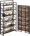 JSB Folding Bookshelf,Industrial Storage Shelves, No Assembly Vintage Wood Look Bookshelf with Storage Shelves for Living Room, Bedroom, Office (Fire Brown, Wide 6-Tier)