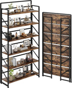 JSB Folding Bookshelf,Industrial Storage Shelves, No Assembly Vintage Wood Look Bookshelf with Storage Shelves for Living Room, Bedroom, Office (Fire Brown, Wide 6-Tier)