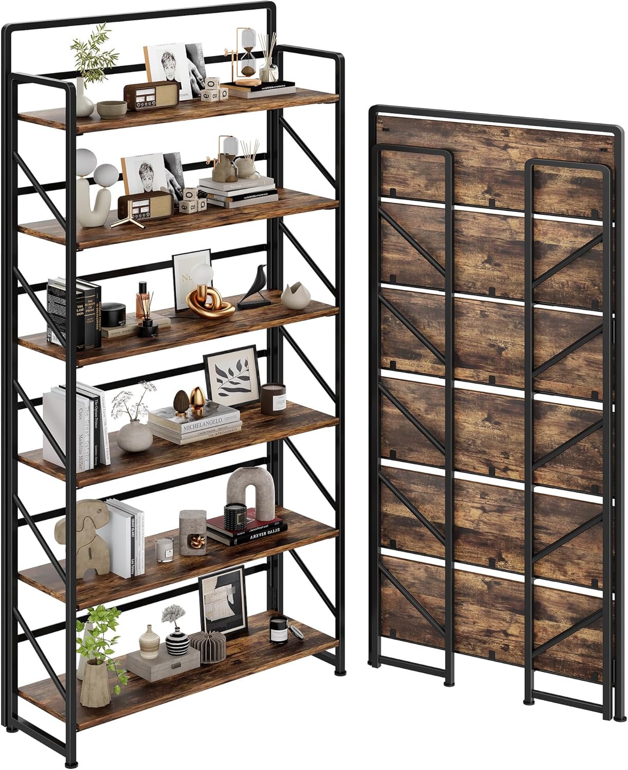 JSB Folding Bookshelf,Industrial Storage Shelves, No Assembly Vintage Wood Look Bookshelf with Storage Shelves for Living Room, Bedroom, Office (Fire Brown, Wide 6-Tier)
