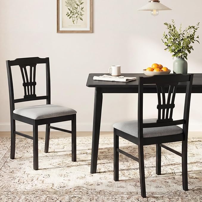 Giantex Wooden Dining Chairs Set of 4, Upholstered Kitchen Chairs with Solid Rubber Wood Frame, Hollowed Backrest & Soft Padded Seat, Armless Dining Chairs for Kitchen, Dining Room, Black & Gray