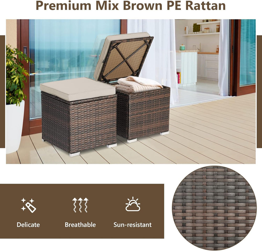 Tangkula 2 Pieces Patio Ottomans, Patiojoy Hand-Woven PE Rattan Side Table wi...