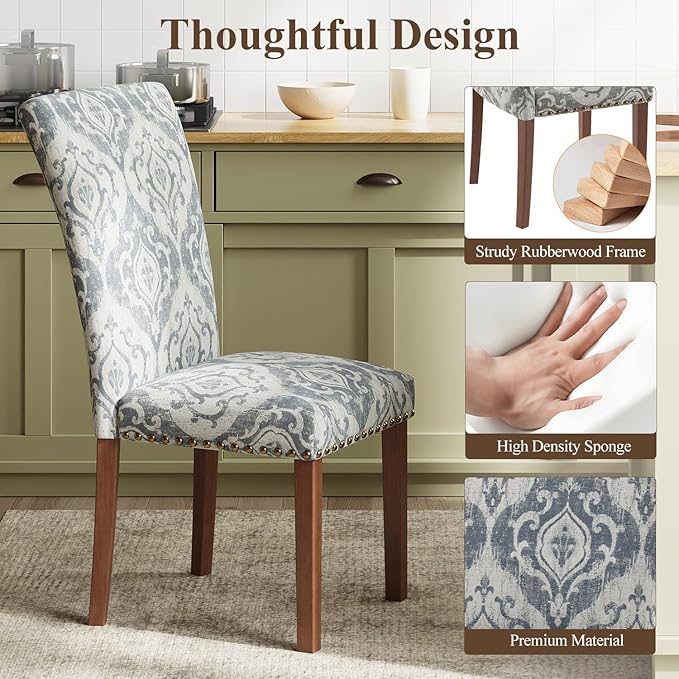 Stylish Dining Chairs Set of 2, Upholstered Parsons Dining Room Chair with Nailhead Trim, Kitchen Room Chair with Thick Cushions and Wood Legs, Nailhead Trim, SKY2050A-03