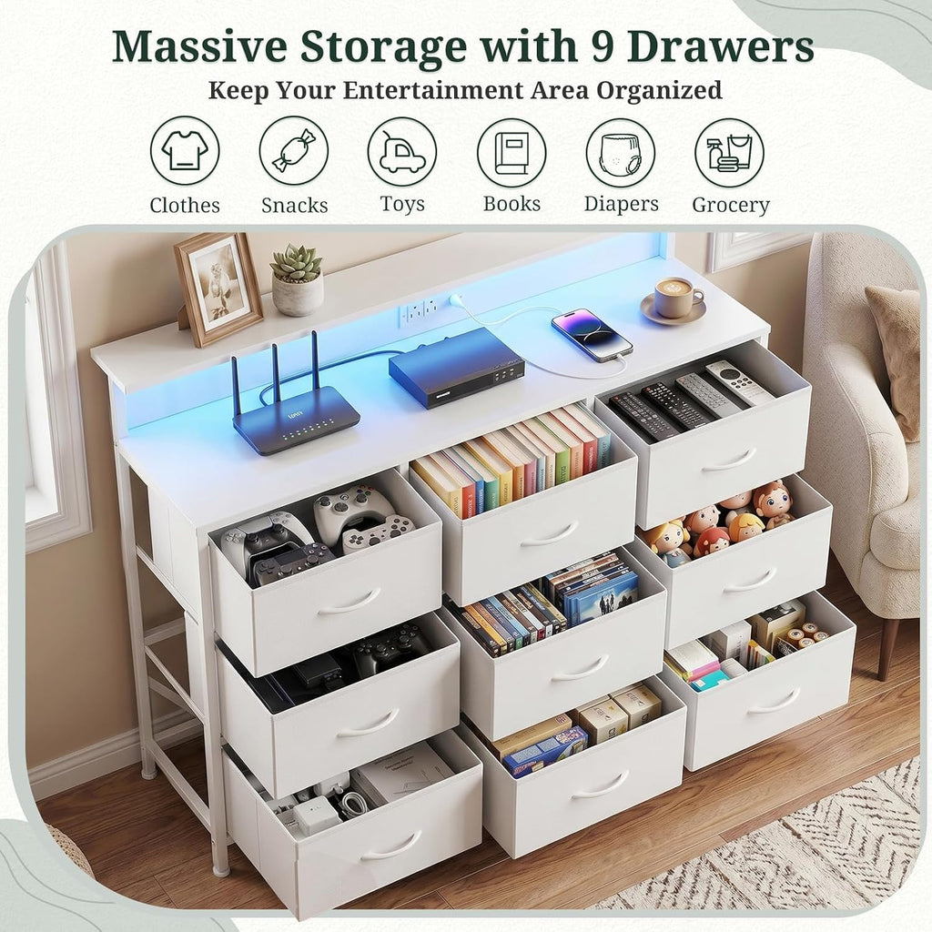 TV Stand with LED Lights & Charging Station, 9 Fabric Drawers Dresser | Entertainment Center for TV up to 55 inch Wooden Media Console Table Storage Organizer for Living Room, Bedroom, White