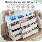 TV Stand with LED Lights & Charging Station, 9 Fabric Drawers Dresser | Entertainment Center for TV up to 55 inch Wooden Media Console Table Storage Organizer for Living Room, Bedroom, White