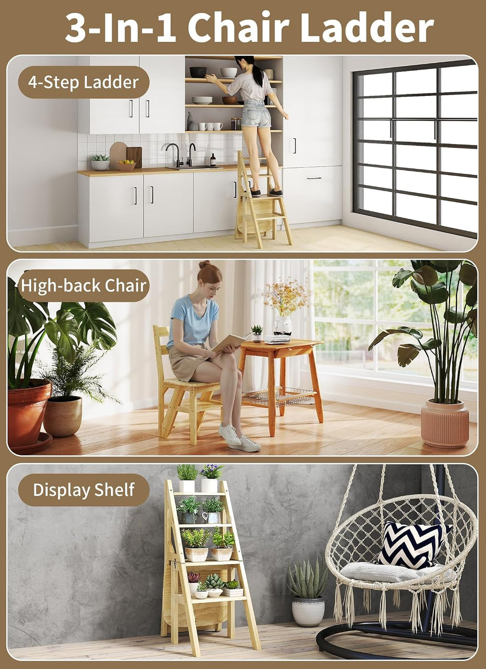 Baoz 3-in-1 Wooden Library Ladder, 4 Tier Folding Ladder, Convertible Step St...