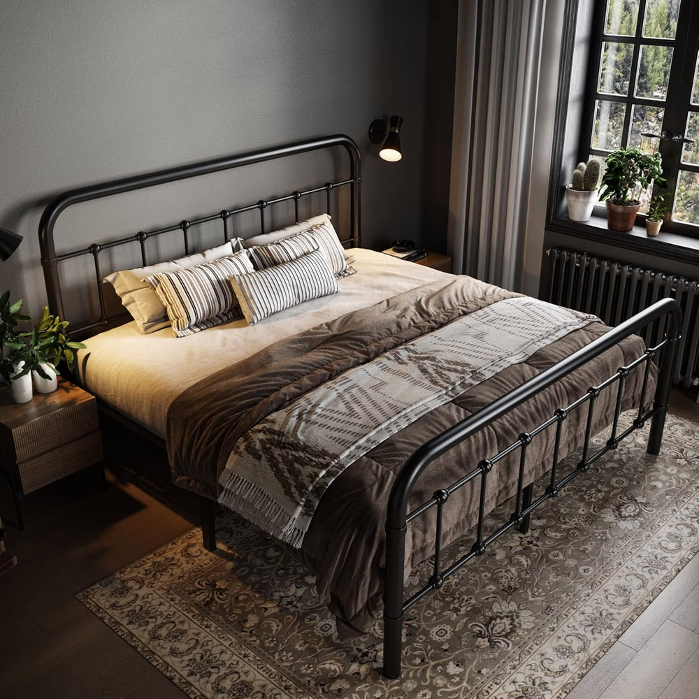 Allewie Queen Metal Bed Frame with Victorian Iron-Art Headboard, Black