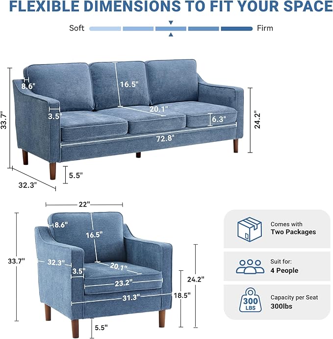 Kingfun Living Room Furniture Sets, 3 Seater Couch and Armchair, Mid Century Modern Sofa Set, Chenille Couch with Solid Wood Frame for Living Room & Bedroom, Light Blue