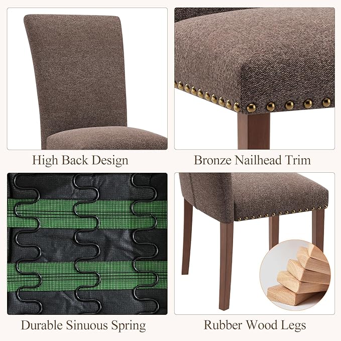 Stylish Dining Chairs Set of 6, Upholstered Parsons Dining Room Chair with Nailhead Trim, Kitchen Room Chair with Thick Cushions and Wood Legs, Nailhead Trim, Brown