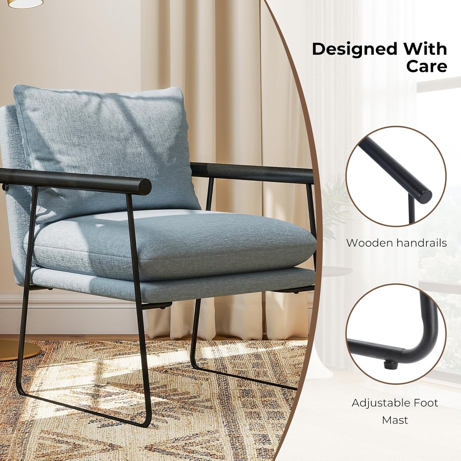 Furnilivng Large Sling Accent Chair, Comfortable Boucle Fabric Arm Chair, Upholstered Cozy Reading Chair for Living Room, Bedroom, Dressing Room, Home Office (Blue, Set of 1)
